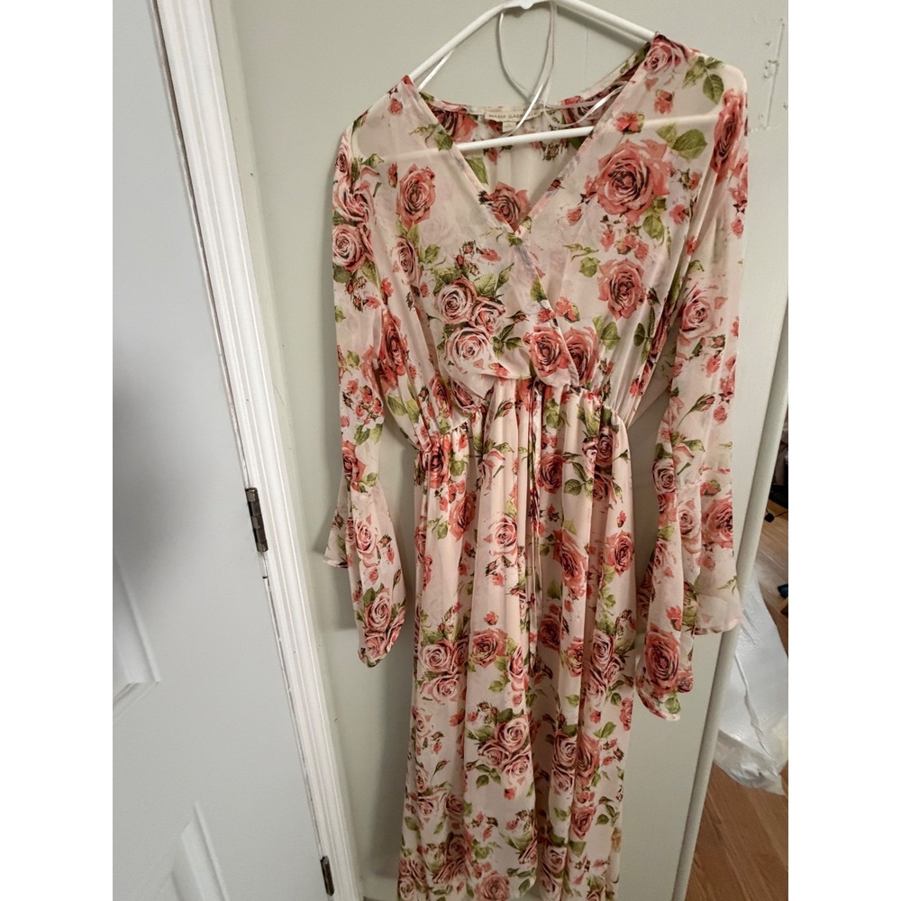 Maria Gabrielle Pink Rose Floral Chiffon MaxiDress BellSleeve HandkerchiefHem L